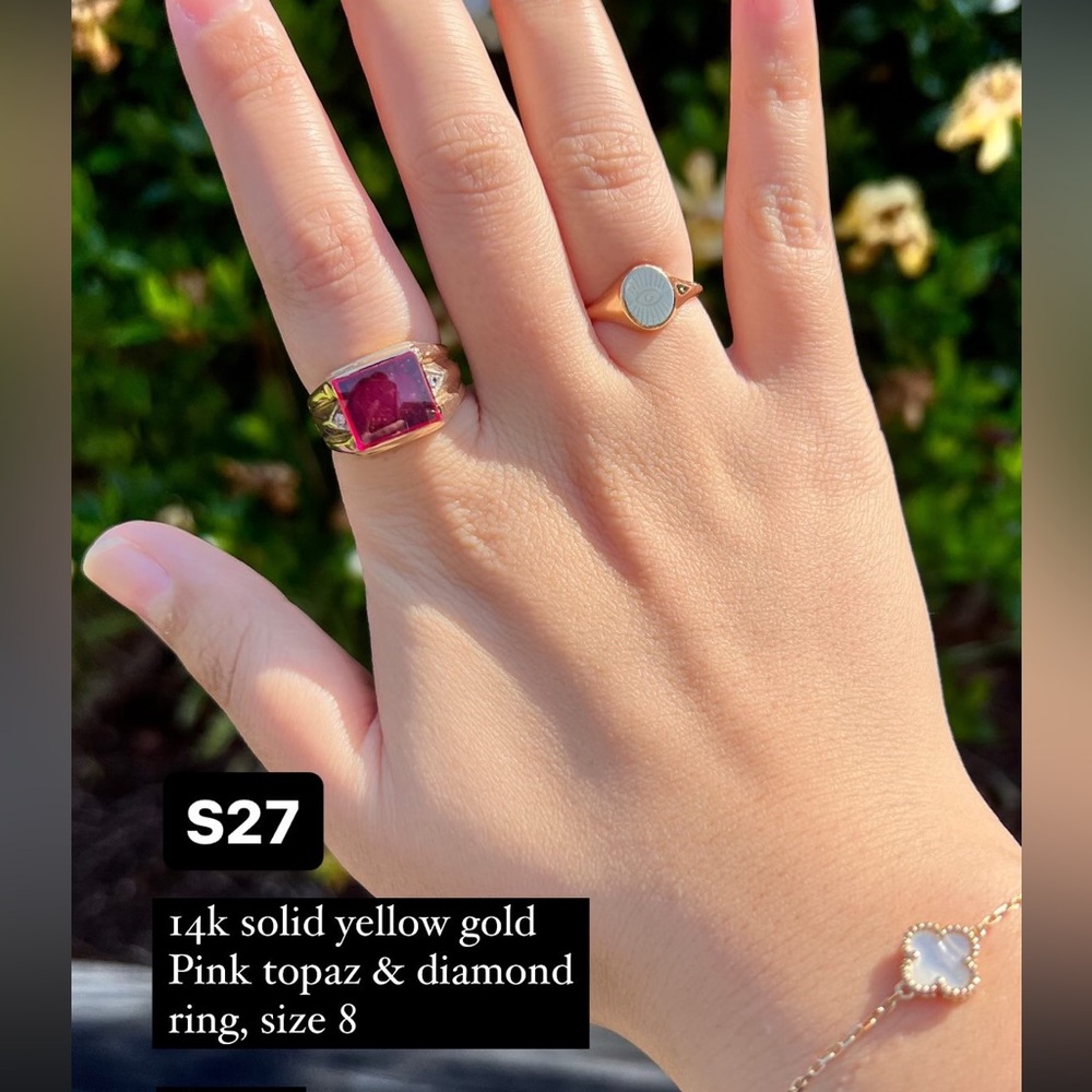 14k solid yellow gold pink topaz and diamond ring size 8